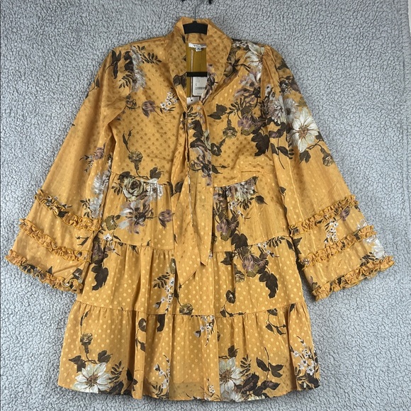 BTFL-Life Dresses & Skirts - NWT BTFL-life (FreePeople) Tiered Long Sleeve Tie Neck Floral Dress Size S